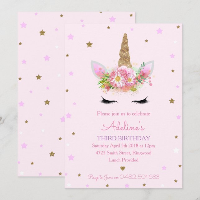Invitation La fête d'anniversaire rose de licorne invite des (Devant / Derrière)