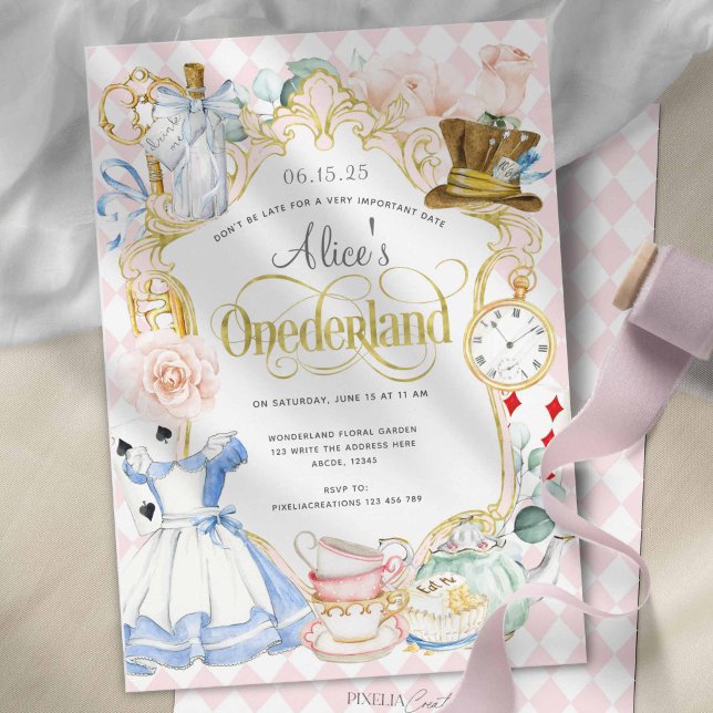 Invitation La fête du thé de l'Onederland d'Alice (Alice in Onederland, Pink Girl 1st birthday, Cute birthday invitations.)