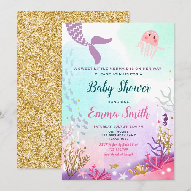 Invitation La Fille de l'Baby shower des sirènes de mer (Devant / Derrière)