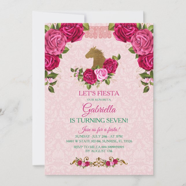 Invitation La fille Rose rose et florale atteint sept ans (Devant)