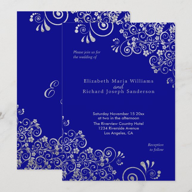 Invitation La fleur argentée élégante tourbillonne mariage de (Devant / Derrière)