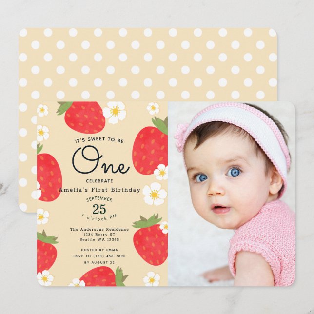 Invitation La fraise sucrée pour être un 1er anniversaire Pho (Devant / Derrière)
