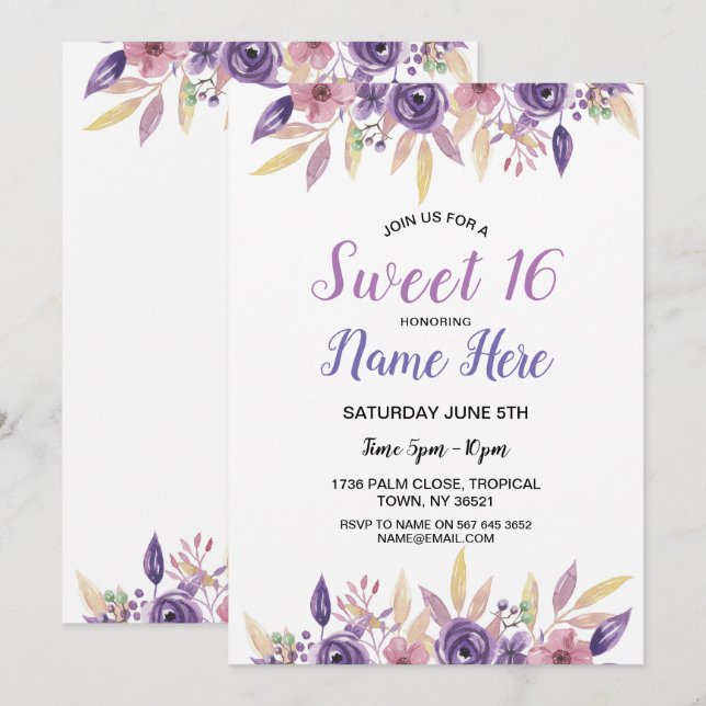 Invitation La lavande de fête d'anniversaire du bonbon 16 (Devant / Derrière)