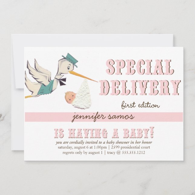 Invitation La livraison spéciale - cigogne vintage (Devant)