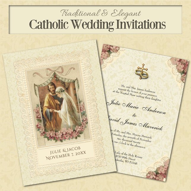 Invitation La mariée catholique traditionnelle Mariage (Traditional Catholic Wedding Invitations with a vintage image of the betrothal of Mary and Joseph)
