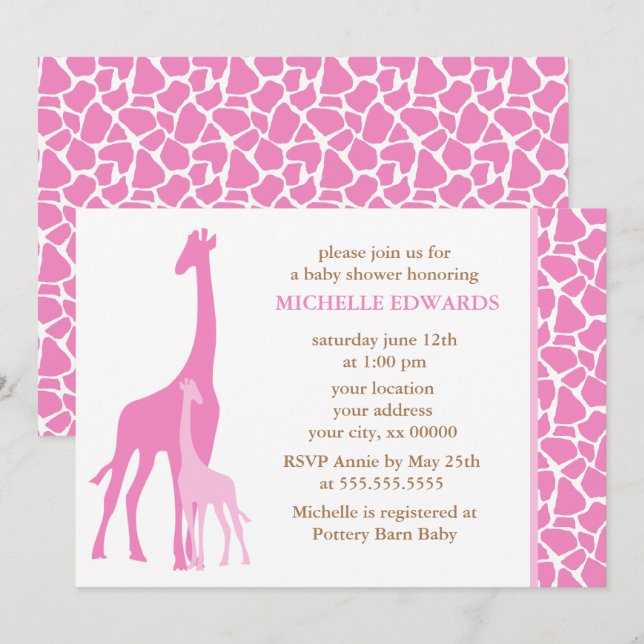 Invitation La mère rose et la petite fille de la Girafe Baby  (Devant / Derrière)
