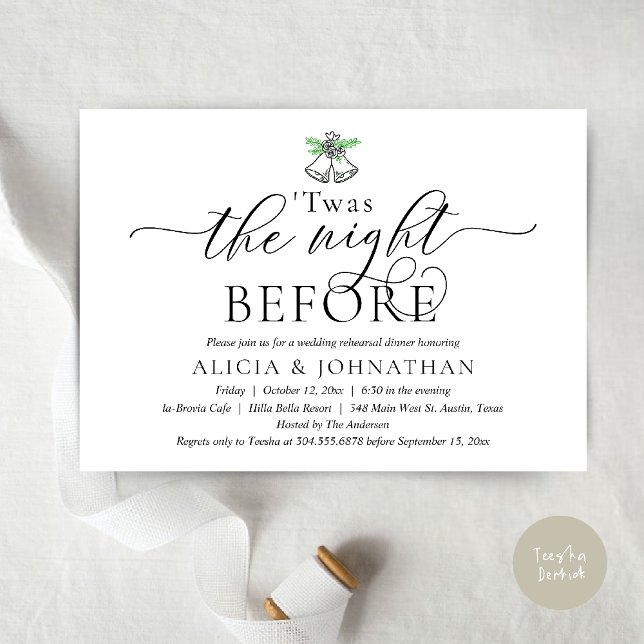 Invitation La Nuit Avant, Dîner de Répétition de Mariage Mode (The Night Before, Twas Wedding Rehearsal Dinner Party Invites mistletoe wedding bell Black White)