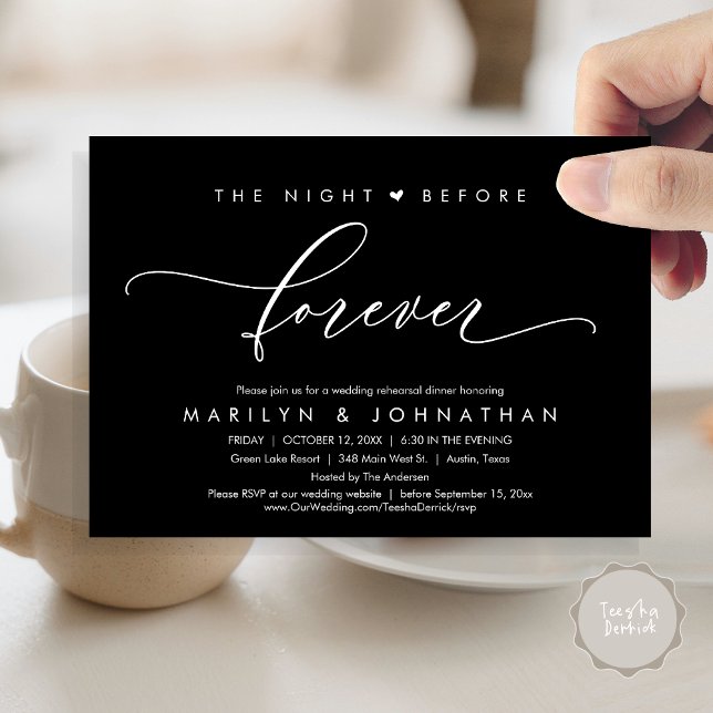 Invitation La Nuit Avant Le Dîner De Répétition Romantique (Modern Romantic The Night Before Forever, Wedding Rehearsal Dinner Invitation Card, PDF, Black)