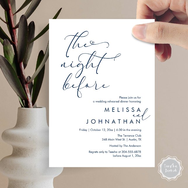 Invitation La Nuit Avant Le Dîner De Répétition Romantique De (The Night Before, Romantic Wedding Rehearsal Dinner Invitation Card, PDF, Navy Blue)