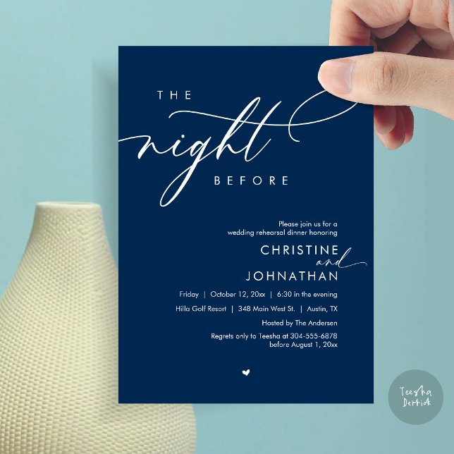 Invitation La Nuit Avant Le Dîner De Répétition Romantique De (The Night Before, Modern Romantic Wedding Rehearsal Dinner Invitation Card, PDF, In Navy Blue)
