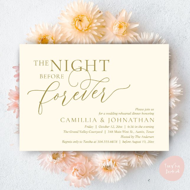 Invitation La Nuit Avant Pour Toujours, Dîner De Répétition M (The Night Before Forever Wedding Rehearsal Dinner Romantic Classy Invites Card PDF in Yellow Gold)