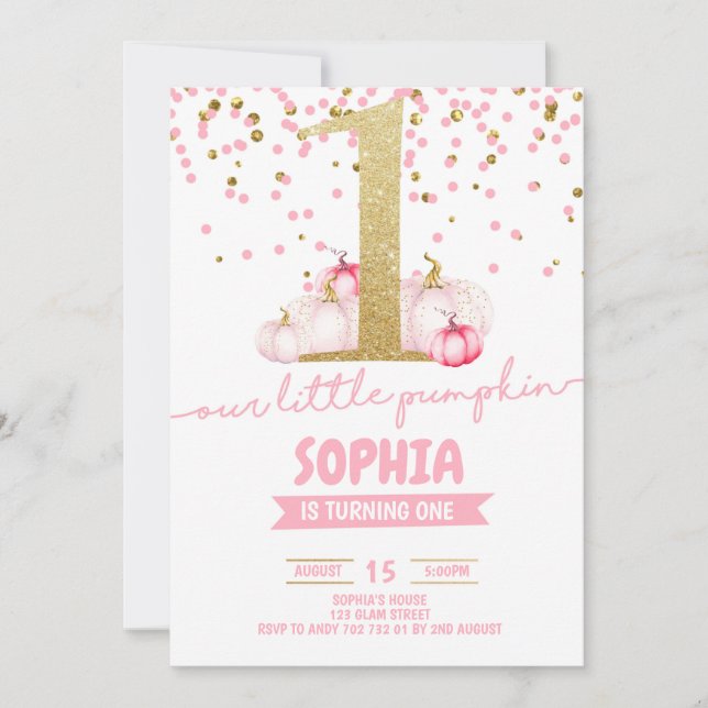 Invitation La petite fille Citrouille 1er anniversaire Gold P (Devant)