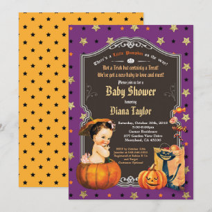 Invitation La petite fille vintage d'Halloween prend l'or vio