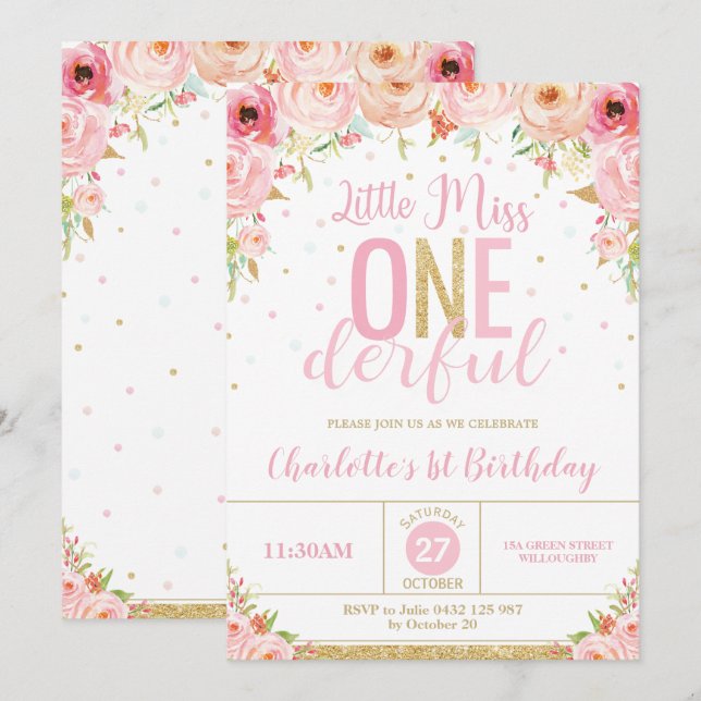 Invitation La Petite Miss Florale Rose 1er Anniversaire (Devant / Derrière)