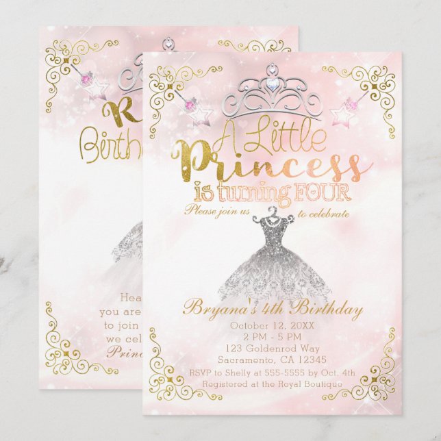 Invitation La petite princesse quatre ans fête d'anniversaire (Devant / Derrière)