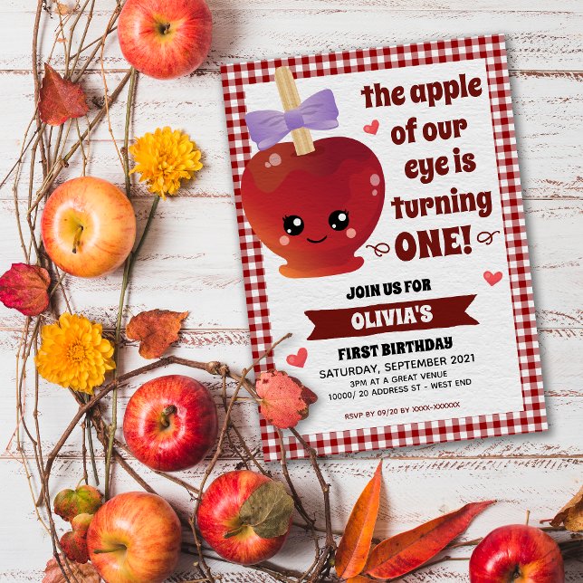 Invitation La pomme de notre oeil Fille Anniversaire Invitati (Announcing our "in-cider" scoop!  A delightful and "a-peeling" apple birthday invitation. )