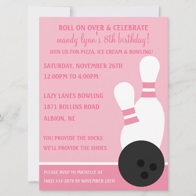 Invitation La Princesse Pink au-dessus de Bowling Birthday Pa (Devant)