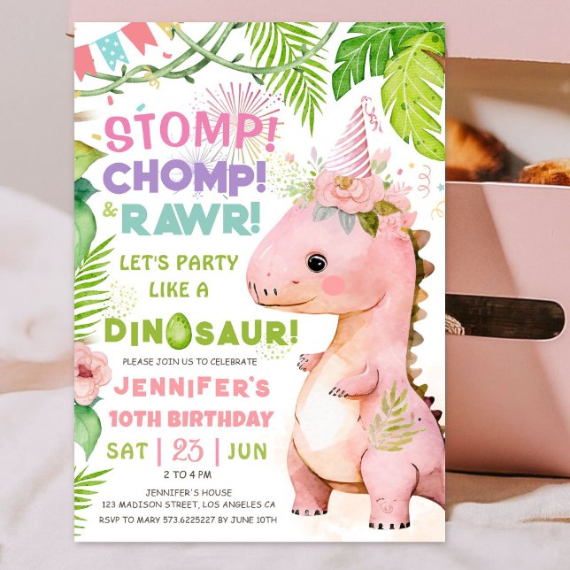 Invitation La Rawr au Timp ! Dinosaur 10e anniversaire fille  (#DinosaurBirthdayInvitation #DinosaurBirthdayInvite #GirlDinosaurBirthdayInvitation
)