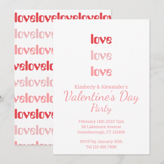 Invitation La typographie rose et rouge de la Saint Valentin (Devant / Derrière)