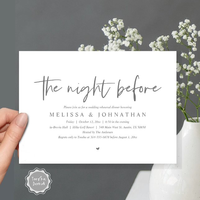 Invitation La veille, Dîner de répétition Mariage (The Night Before, Wedding Rehearsal Dinner Invitation Card, Modern Casual Script, in dark grey)