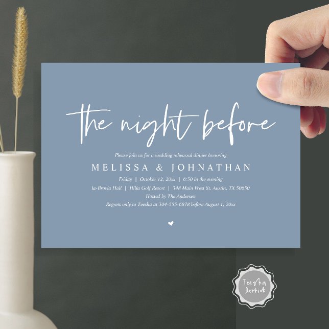 Invitation La veille, Dîner de répétition Mariage (The Night Before, Wedding Rehearsal Dinner Invitation Card, Modern Casual Script, in dusty blue)