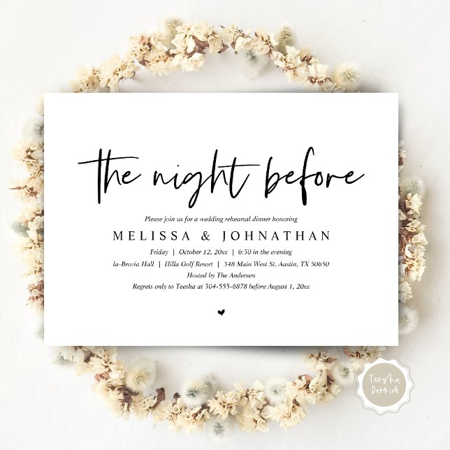 Invitation La veille, Dîner de répétition Mariage (The Night Before, Wedding Rehearsal Dinner Invitation Card, Modern Casual Script, in Black and White)