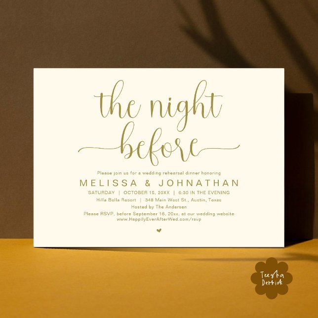 Invitation La veille, Dîner de répétition Mariage (The Night Before, Wedding Rehearsal Dinner Romantic Party Invitation Card Heart PDF Yellow Gold)