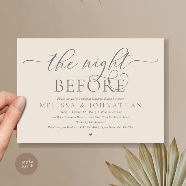 Invitation La veille, Dîner De Répétition Mariage Classique (The Night Before, Modern Wedding Rehearsal Dinner Romance Invitation Card, PDF, Cream Grey)