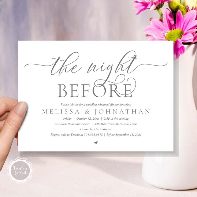 Invitation La veille, Dîner De Répétition Mariage Classique (The Night Before, Modern Wedding Rehearsal Dinner Romance Invitation Card, PDF, Dark Grey)