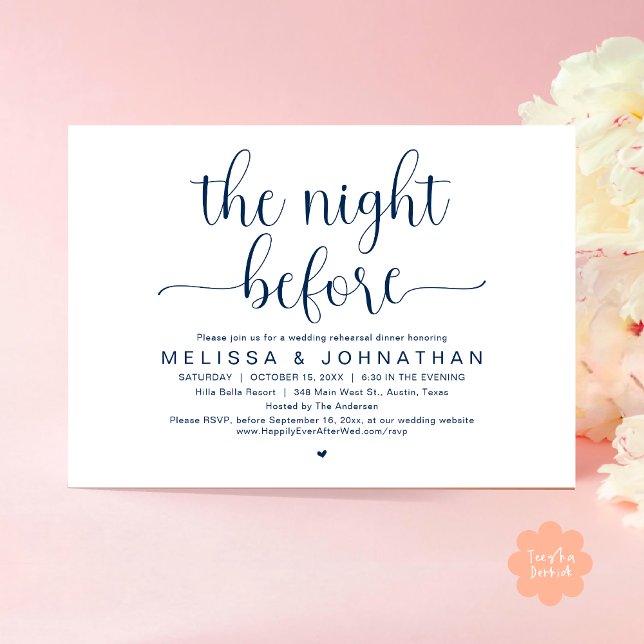 Invitation La veille, Dîner de répétition Mariage Invitat (The Night Before, Wedding Rehearsal Dinner Romantic Party Invitation Card Heart PDF navy Blue)
