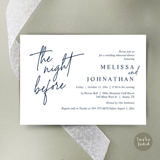 Invitation La veille, Dîner De Répétition Mariage Moderne (The Night Before, Modern Wedding Rehearsal Dinner Modern Invitation Card, PDF, in Navy Blue)