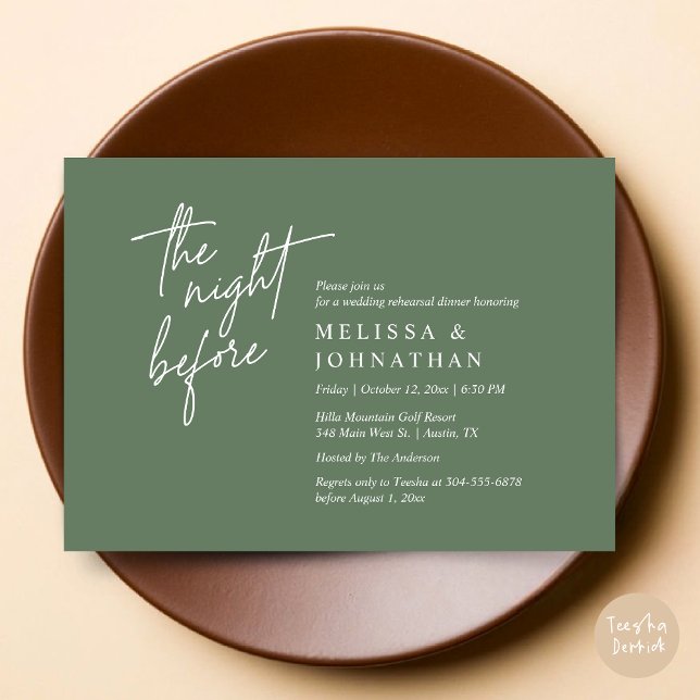 Invitation La veille, Dîner De Répétition Mariage Moderne (The Night Before, Modern Wedding Rehearsal Dinner Modern Invitation Card, PDF, in Forest Sage Green)
