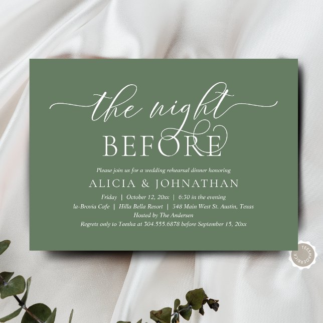 Invitation La veille, Dîner De Répétition Mariage Moderne (The Night Before, Wedding Rehearsal Dinner Invitation Card, in Modern Rustic Sage Green Greenery)