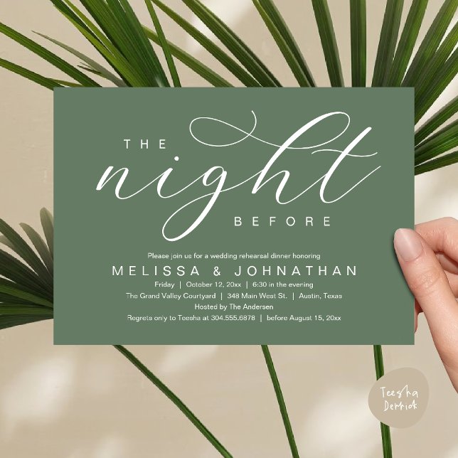 Invitation La veille, Dîner De Répétition Mariage Moderne (The Night Before, Classy Modern Wedding Rehearsal Dinner Invitation Card PDF Rustic Sage Green)