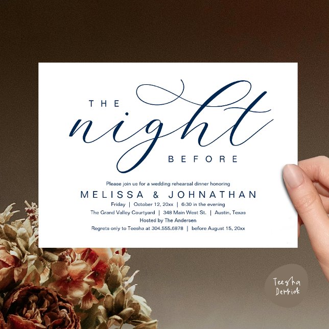 Invitation La veille, Dîner De Répétition Mariage Moderne (The Night Before, Classy Modern Wedding Rehearsal Dinner Invitation Card PDF Navy Blue)