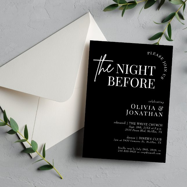 Invitation La veille du dîner de répétition en noir et blanc (Black and white night before rehearsal dinner invitation sets a sleek tone for your gathering.)