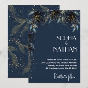 Invitation La verdure et la feuille d'or   Dark Navy Mariage