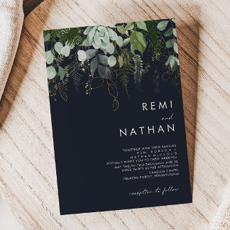 Invitation La verdure et la feuille d'or | Dark Navy Mariage