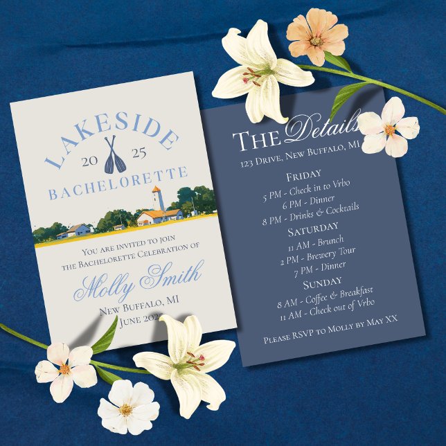 Invitation Lac Bachelorette Week-end Blue Nautical Itinéraire (Lake Weekend invite with modern font – perfect for bachelorettes or bridal celebrations!)