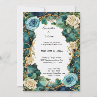 Invitation Lac Blue Aquarelle Floral Rose Élégant Mariage