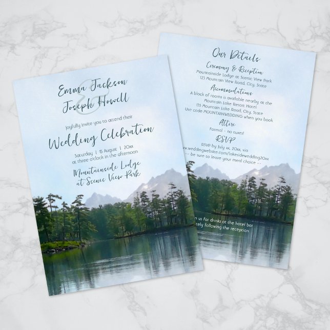 Invitation Lac dans les montagnes tout en un mariage (front & back - combination invitation plus details card - easily add a QR code with Z design tool)