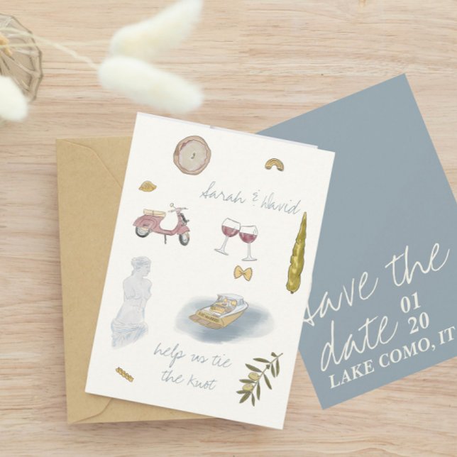 Invitation Lac de Côme Italie Sauvegarder la date avec dessin (Créateur téléchargé)