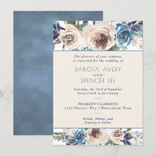 Invitation Lac Floral   Muet bleu et crème Mariage de la terr