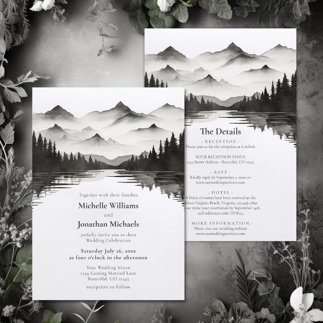 Invitation Lac Mountain Noir et blanc Tout en un Mariage (Mountain Lake Black and White All in One Wedding Invitation)