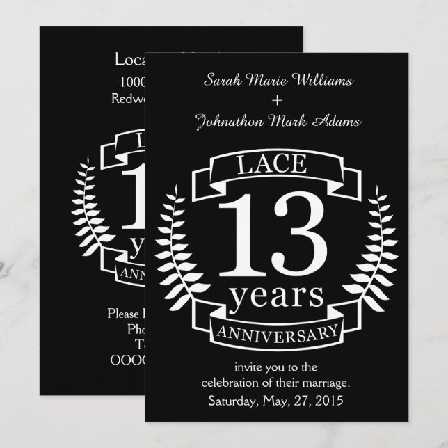 Invitation Lace 13 ans d'anniversaire de mariage traditionnel (Devant / Derrière)