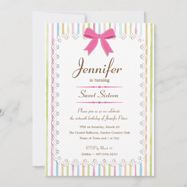 Invitation Lace blanche Aquarelle Candy Stripes Sweet 16 (Devant)