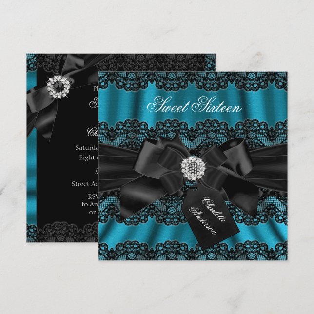 Invitation Lace & Bow Turquoise Black Sweet sixteen Invitatio (Devant / Derrière)