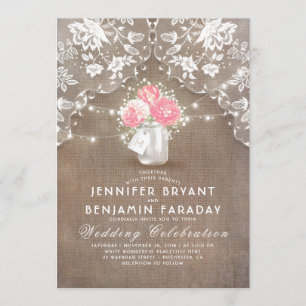 Invitation Lace Burlap Pink Peonies Mason Jar Mariage rustiqu
