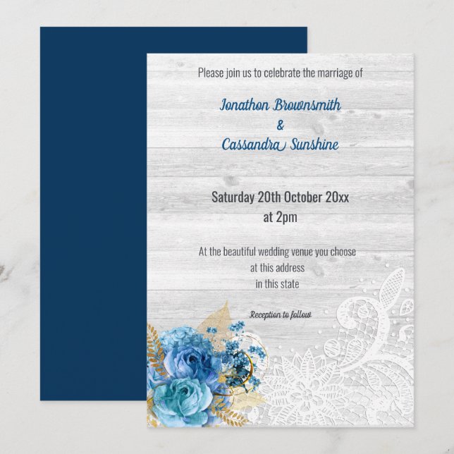 INVITATION LACE FLORAL NAVY BLUE RUSTIC MARIAGE NAVY (Devant / Derrière)