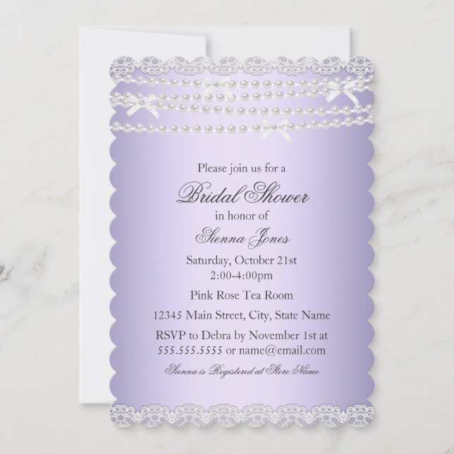 Invitation Lace & Pearl Purple Douche nuptiale (Devant)